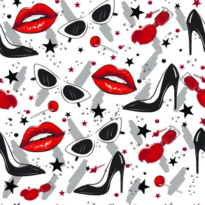 Repeating pattern of red lips, black stiletto heels, black sunglasses, red nail polish bottles and black stars scattered on a white background.