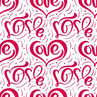Repeating seamless pattern of the word 'love' in red flowing cursive lettering with decorative swirls and dots on a white background.