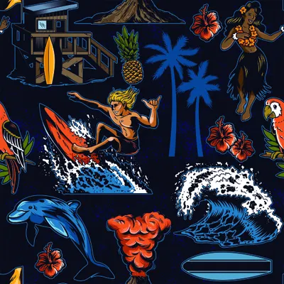 Illustrated wallpaper pattern featuring surfers, dolphins, palm trees, hibiscus flowers and surfboards in neon blue, orange and yellow against a dark navy background.