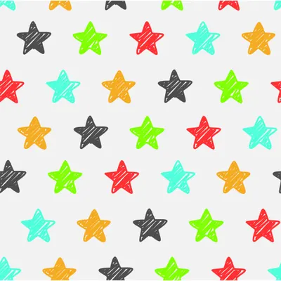 A seamless pattern of multicoloured hand-drawn stars in various shades of red, green, orange, teal and grey scattered across a white background.