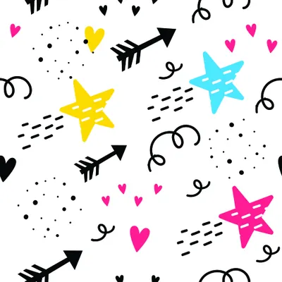 A repeating pattern of yellow, cyan and pink stars with arrows and small hearts scattered across a white background with black doodles.