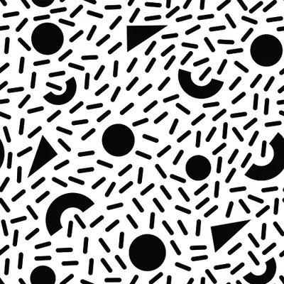 A seamless repeating pattern of black circles, triangles and short lines randomly distributed across a white background.