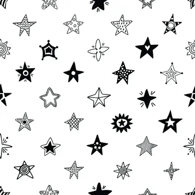A seamless pattern of hand-drawn stars in varying line styles and fill patterns scattered across a white background.