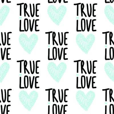A seamless wallpaper pattern featuring the words 'True Love' in black capital letters interspersed with turquoise outline hearts on a white background.
