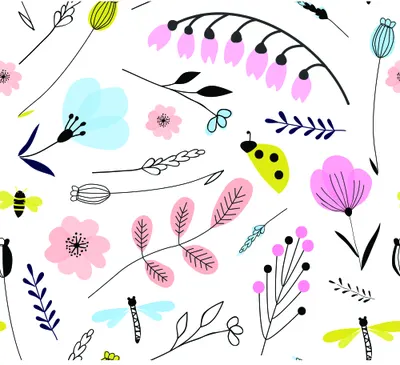 A repeating pattern of delicate line-drawn flowers, leaves, bees, and ladybirds in pink, yellow, teal, and black on a cream background.