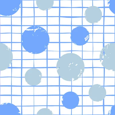 A seamless wallpaper pattern featuring blue and grey circles of different sizes scattered across a white background with a regular blue grid overlay.