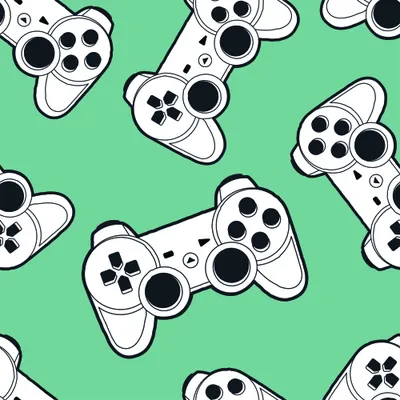 Repeating pattern of white and black line-drawn game controllers with d-pads and buttons scattered across a mint green background.