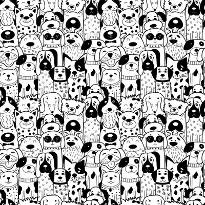 A seamless repeating pattern of hand-drawn cartoon dogs with varied features, expressions and markings in black ink on a white background.