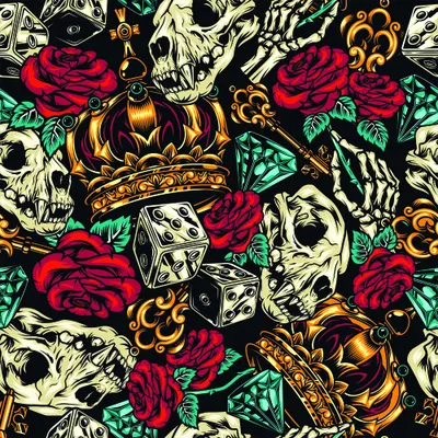 A repeating pattern of cream-coloured skulls, deep red roses, gold ornamental crowns, white dice, and decorative flourishes arranged densely across a black background.