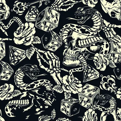 A seamless repeating pattern of cream-coloured skulls, roses, ornate baroque flourishes and dice scattered across a black background.