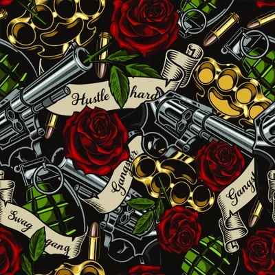 Seamless pattern featuring silver revolvers, crimson roses with green leaves, gold knuckle dusters and white banner ribbons with script lettering on black background.