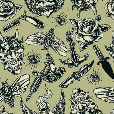 Black and cream line art tattoo flash designs including roses, daggers, eyes, anchors and flames scattered across a sage green background.